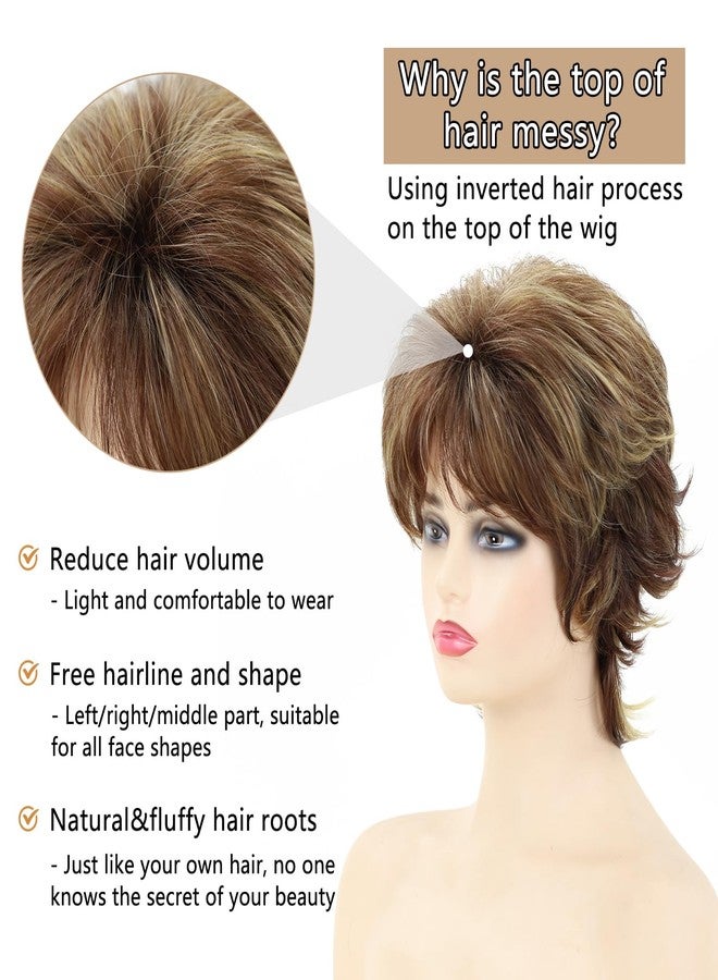 TISHINING Brown Highlight Short Hair Wigs for White Women Shag Layered Brown Mix Blonde Pixie Cut Wig with Bangs Synthetic Natural Looking Daily Party Wig - Image 3